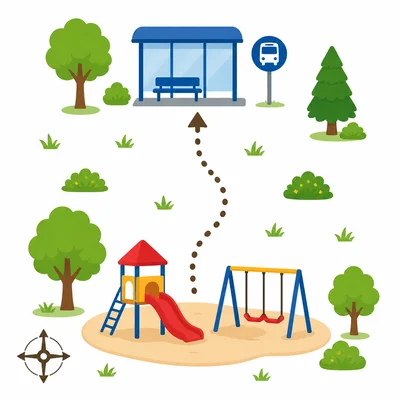 A path goes upward from a playground to a bus stop.