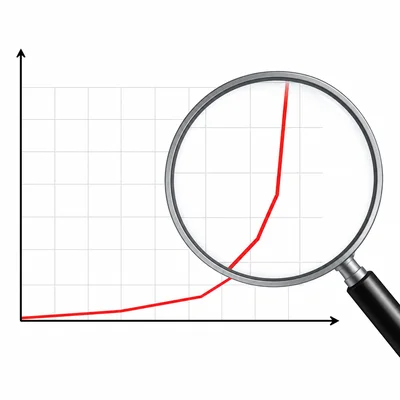 An unlabeled chart with a sharply rising red line and a magnifying glass, suggesting a questionable graph.