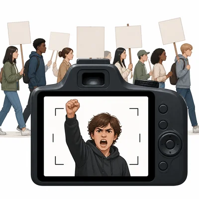 A camera focuses on one angry person while a peaceful march continues behind them.