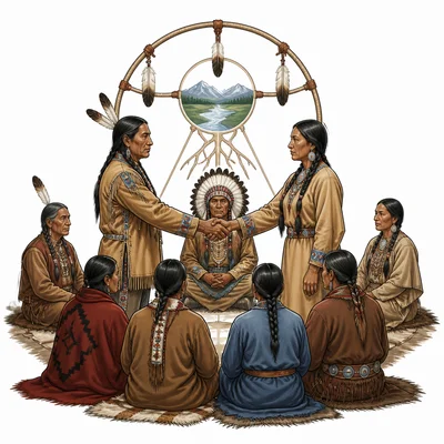 Tribal council and equal handshake representing Native American sovereignty.