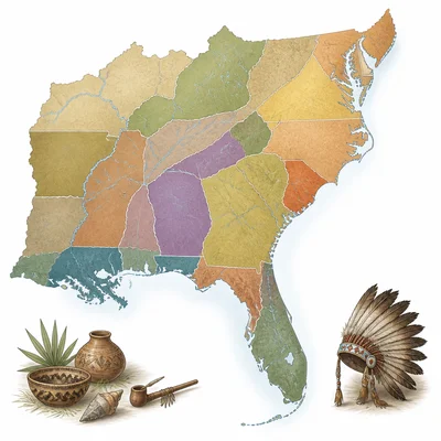 Map of Native American homelands in the southeastern United States before removal.