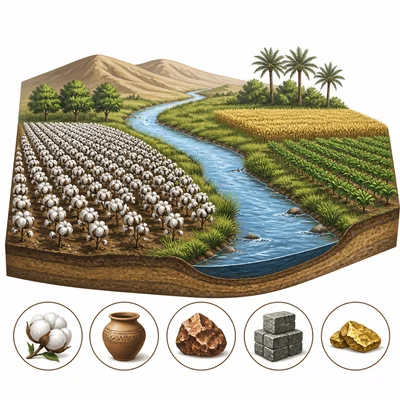 Fertile land with cotton fields, a stream, and resource symbols.