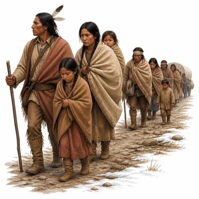 Native American families walking on a difficult forced removal journey.