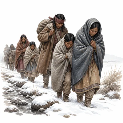 People facing cold, fatigue, and difficult terrain during forced removal.
