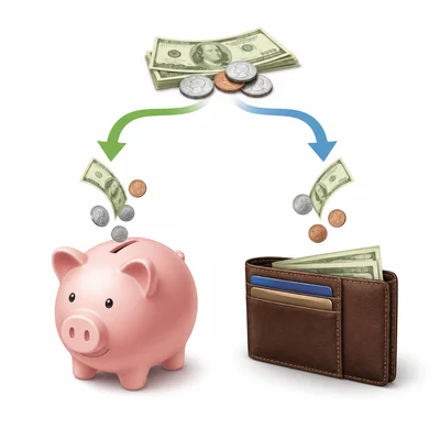 Money is split between a piggy bank for savings and a wallet for spending.