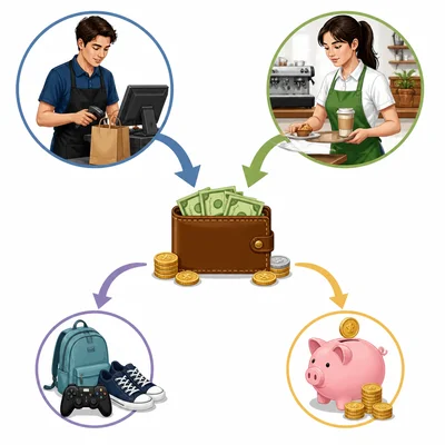 Money earned from two jobs is split between spending and saving.