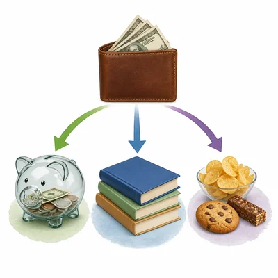 Money is divided among savings, a book purchase, and snacks.