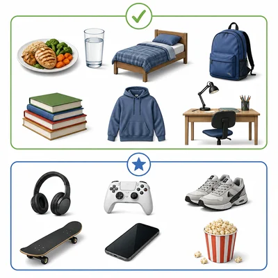 Examples of basic needs and optional wants for a student are shown in two groups.