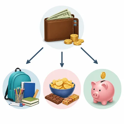 Monthly money is divided among school supplies, snacks, and savings.