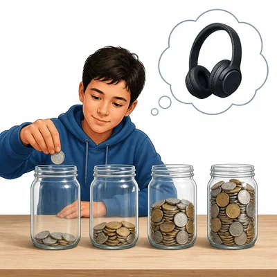 A student saves coins over time toward buying headphones.