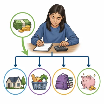 A budget compares income with planned expenses and possible leftover money.