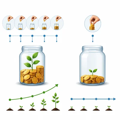 Regular small savings over time are compared with saving one time.