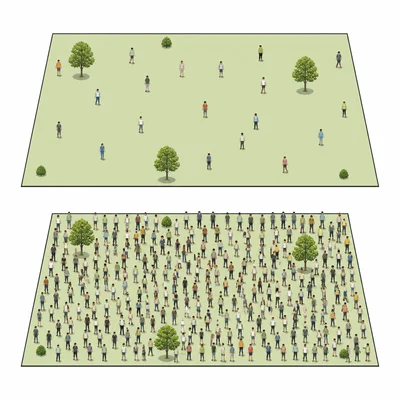 Two equal areas show sparse and crowded populations to illustrate population density.