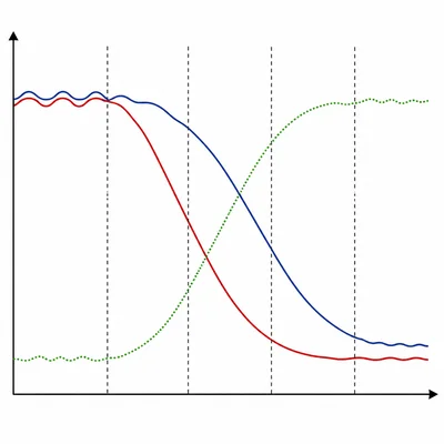 Unlabeled curves show changing birth rates, death rates, and population over time in the demographic transition model.