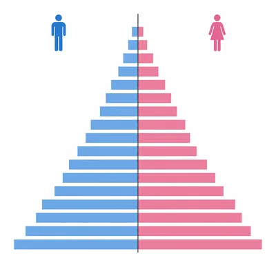 A population pyramid shows age and sex structure with mirrored horizontal bars.