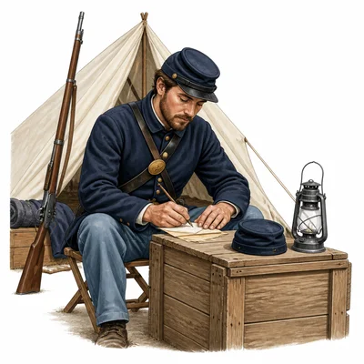A Civil War-era soldier writes a letter at a camp.
