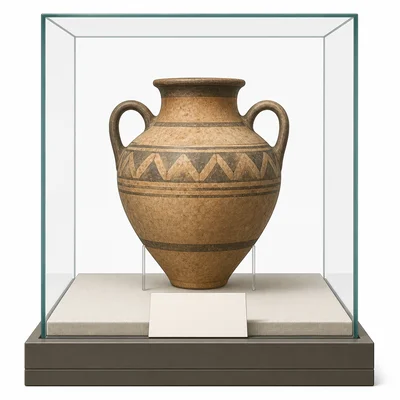 A museum artifact displayed with a blank label card.