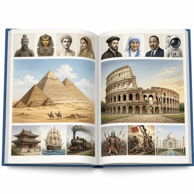 An open modern history textbook with historical icons.
