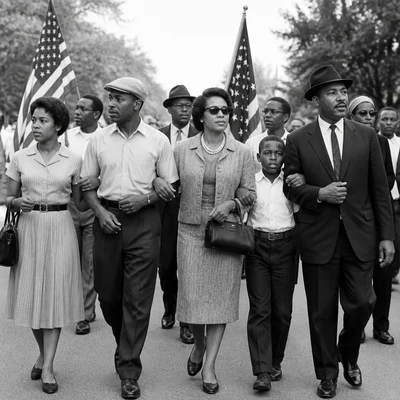 A black-and-white photograph of a peaceful civil rights march.