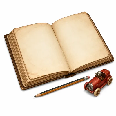 An old diary open beside a pencil and a small toy.