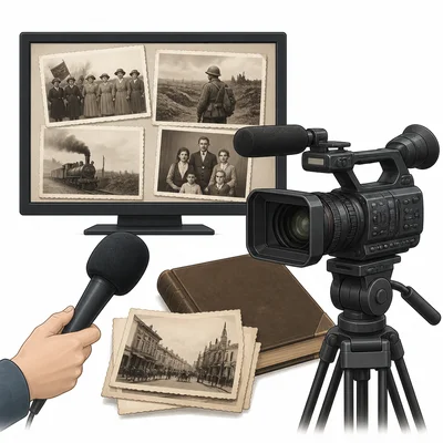 A documentary screen with old photos, an interview microphone, and a camera.