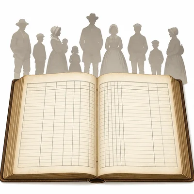 An old census ledger with blank rows and people silhouettes.
