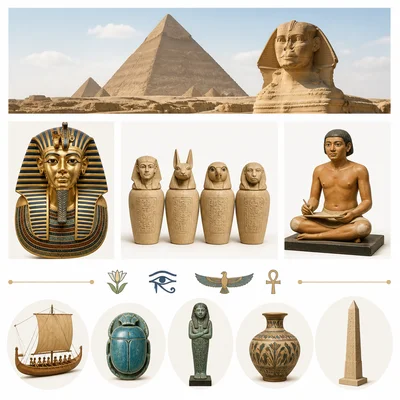A website article layout shown with ancient Egyptian artifacts.