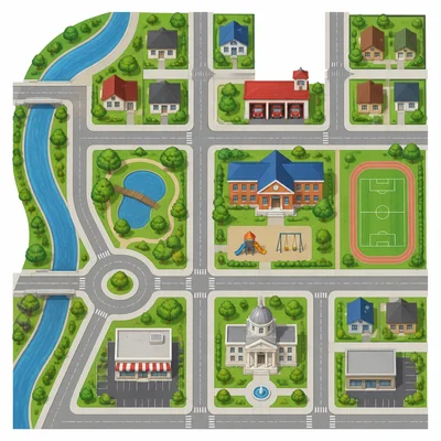 Town map showing the fire station closest to the school.