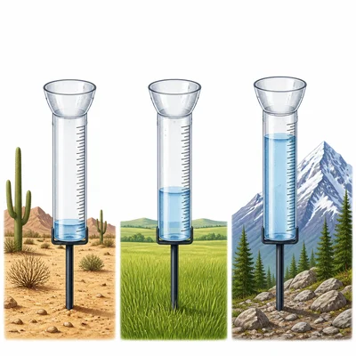 Three rain gauges show desert lowest, plains middle, and mountains highest rainfall.