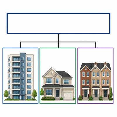 Three-part bar model showing apartments, houses, and townhouses as parts of a total.