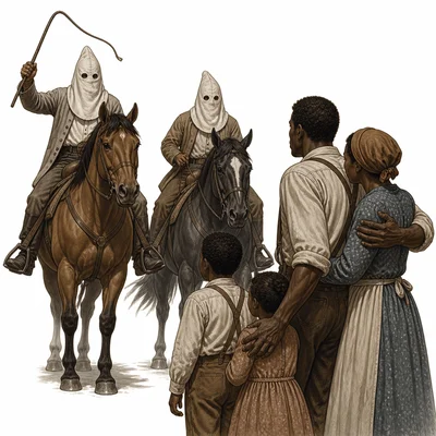 Hooded riders intimidate a Black family during Reconstruction.