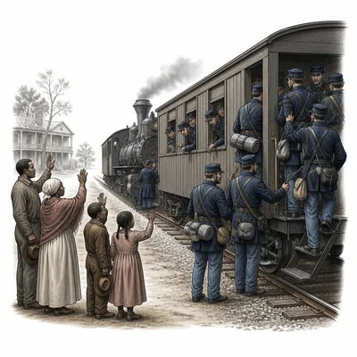 Federal troops leave the South by train, symbolizing the end of Reconstruction.