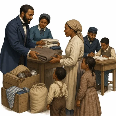 Freedmen’s Bureau workers help formerly enslaved families with supplies and education.