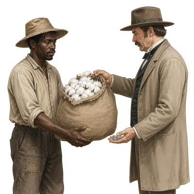 A sharecropper gives harvested cotton to a landowner and receives little payment.