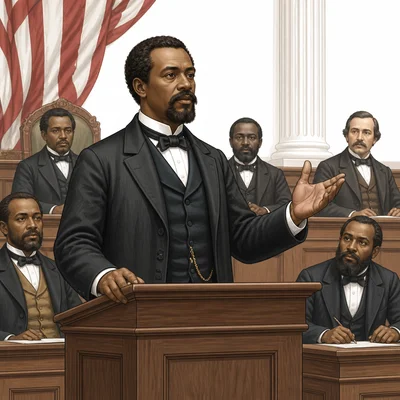 An African American lawmaker speaks in a government chamber during Reconstruction.