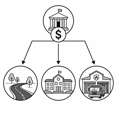 Diagram showing tax revenue funding roads, schools, and fire protection services.