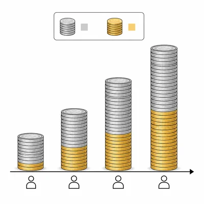Diagram comparing tax burden across different income levels using coin stacks and highlighted portions.