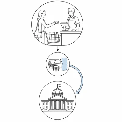 Checkout diagram showing sales tax collected during a purchase and sent to government.