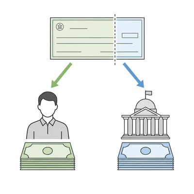 Process diagram showing part of a paycheck withheld and sent to government while the rest goes to the worker.