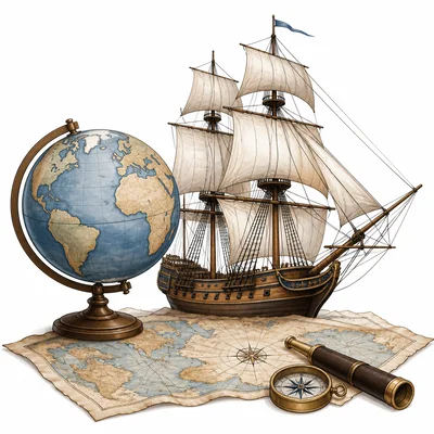 A sailing ship beside a globe and map, representing ocean exploration.