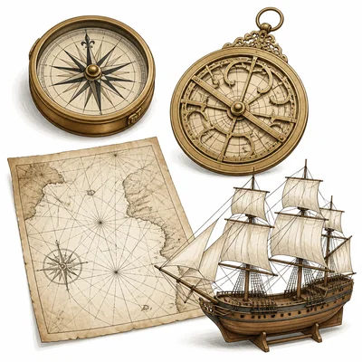Historical navigation tools including a compass, astrolabe, sea chart, and ship model.