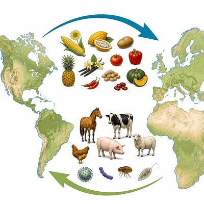 Goods, animals, crops, and diseases moving between the Americas and Europe.