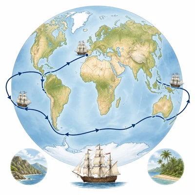 A sailing route circling the globe to show the first circumnavigation.