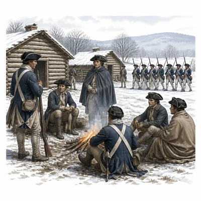 Continental Army soldiers in a snowy winter camp at Valley Forge.