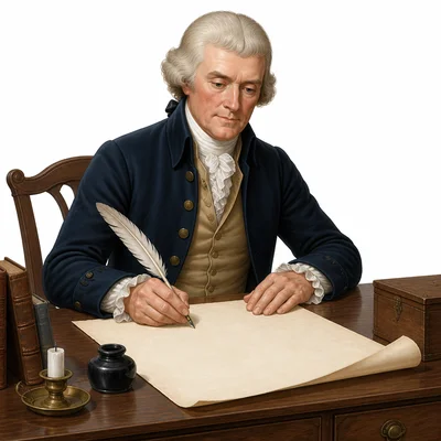 Thomas Jefferson writing on a blank parchment with a quill.