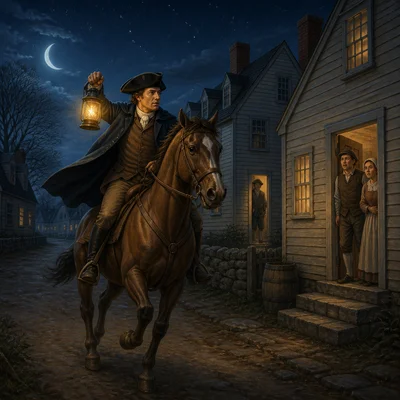 Paul Revere riding a horse at night through a colonial village.