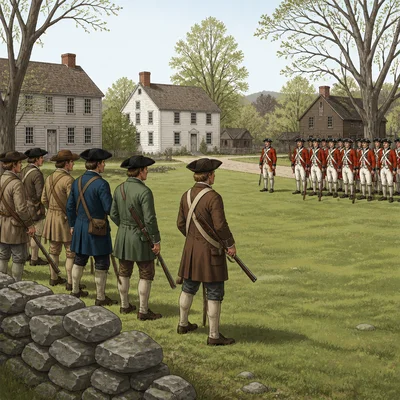 Colonial militia and British soldiers facing each other on a village green.
