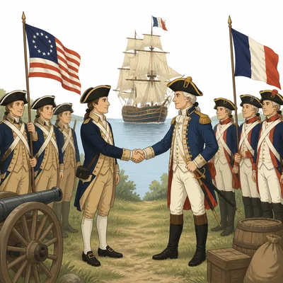 Continental soldiers meeting a French officer with a ship in the background.