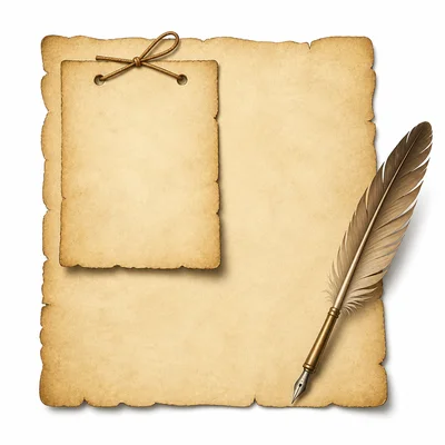 Blank parchment documents with a quill, showing an added document attached to a larger one.