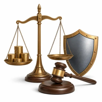 A justice scale with coins, a gavel, and a protective shield.